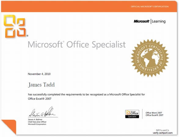 Certified MOS Specialist Certificate